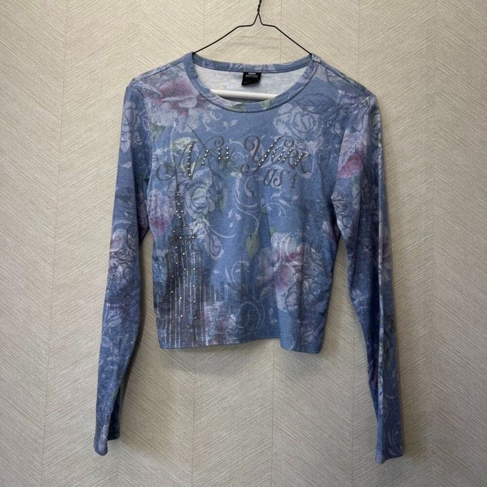 Y2K Urban Outfitters Blue Floral Embellished Long Sleeve Top Womens Size L